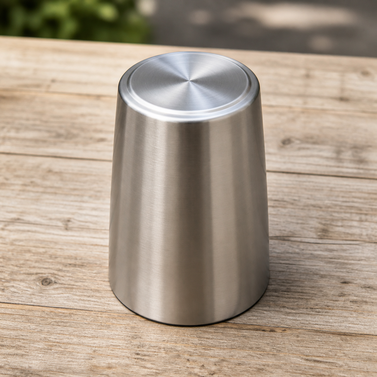 An upside-down silver stainless steel mug with its drinking rim resting on the table and its flat base facing up.