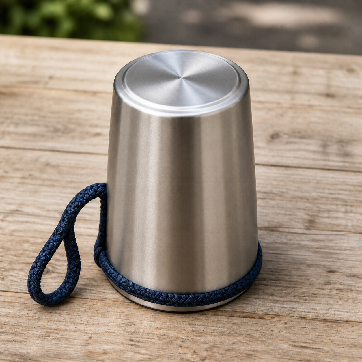 An upside-down silver mug with one navy paracord loop around its base and the rest of the grip hanging off the side.