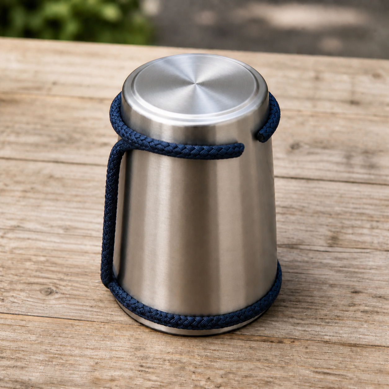 An upside-down silver mug with one paracord loop near its mouth and a second loop being fitted around its base, connected by the handle.